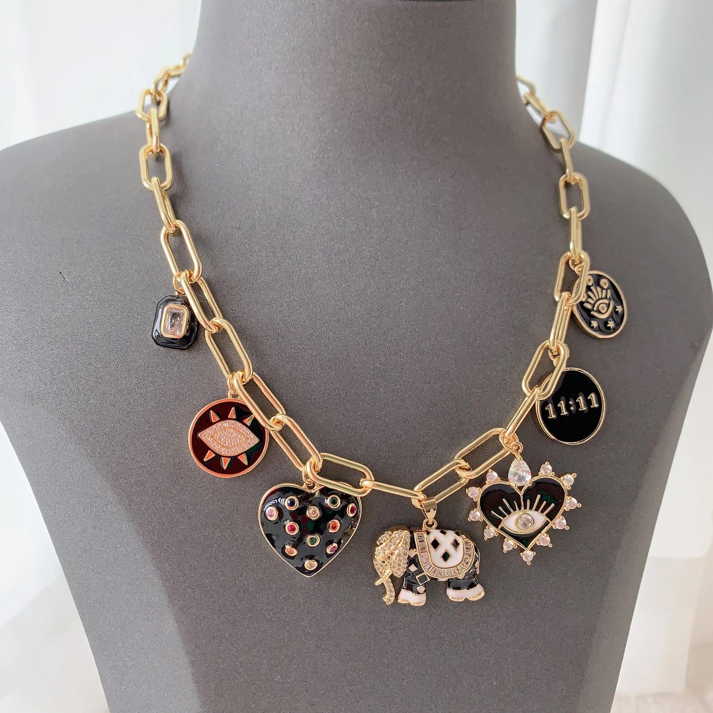 Enamel heart turkey eye elephant charm pendant necklace