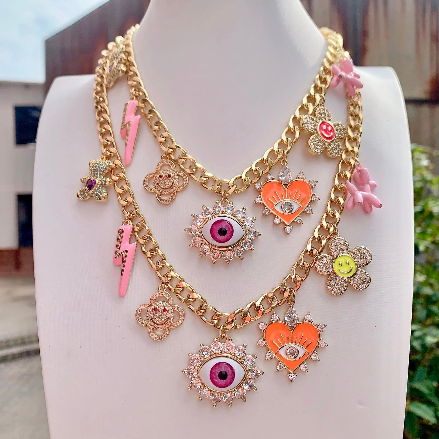 Multi-Charm Lucky Eye Flower Heart Necklace