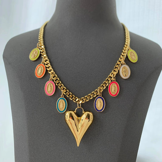 Gold plated colourful saint Heart pendants Necklace