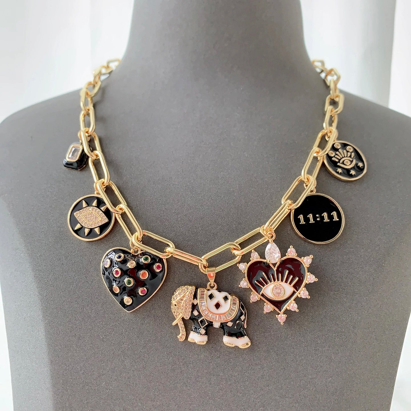 Enamel heart turkey eye elephant charm pendant necklace