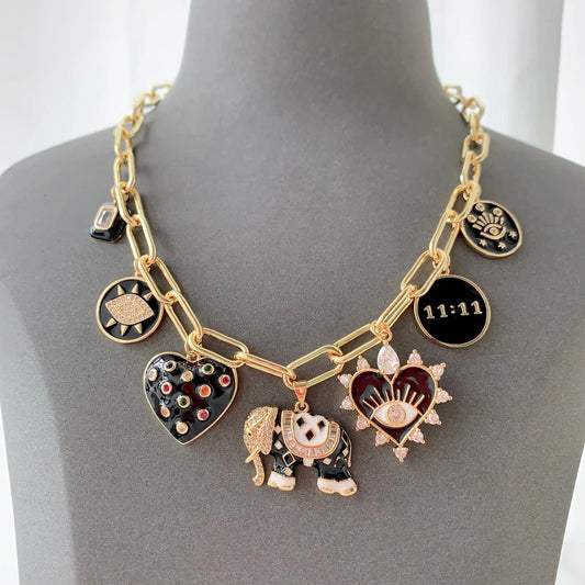 Enamel heart turkey eye elephant charm pendant necklace