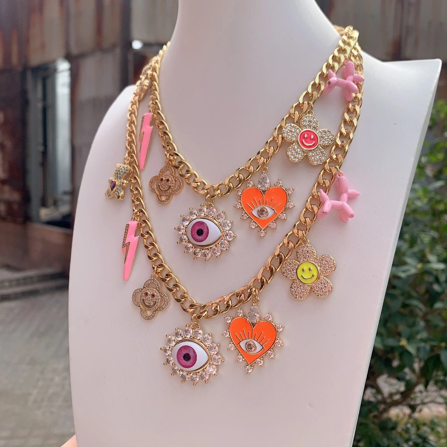 Multi-Charm Lucky Eye Flower Heart Necklace