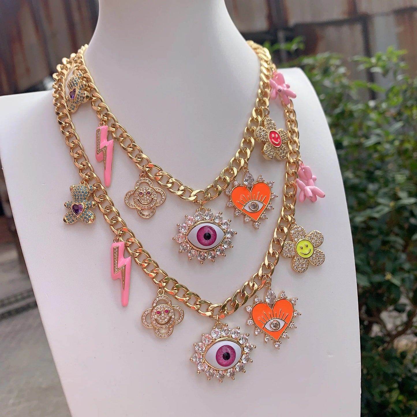 Multi-Charm Lucky Eye Flower Heart Necklace