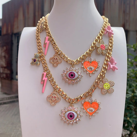 Multi-Charm Lucky Eye Flower Heart Necklace